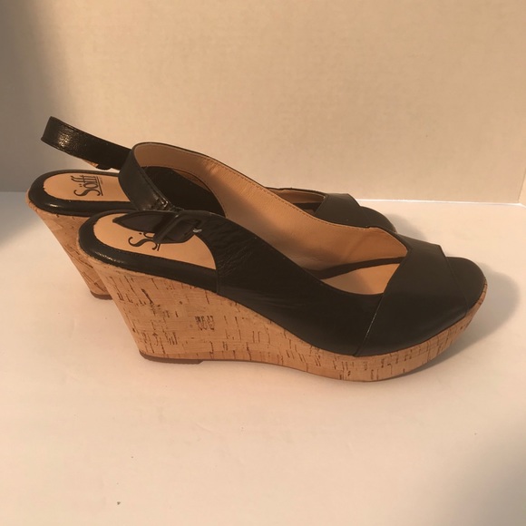 Sofft Peep Toe Wedges Black Leather Size 8 - Picture 5 of 14